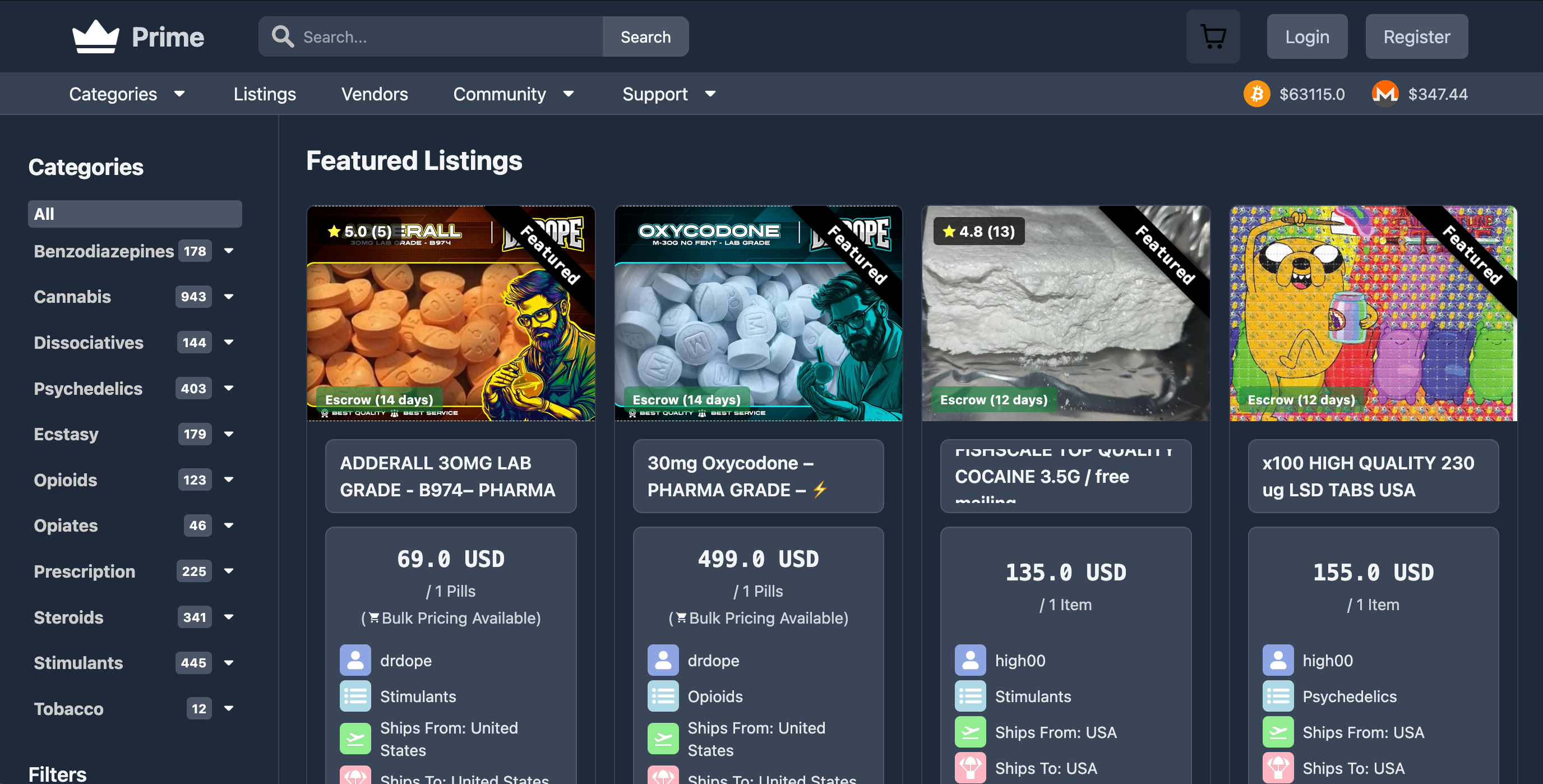 Trader using the Prime Market darknet marketplace on an encrypted terminal screen